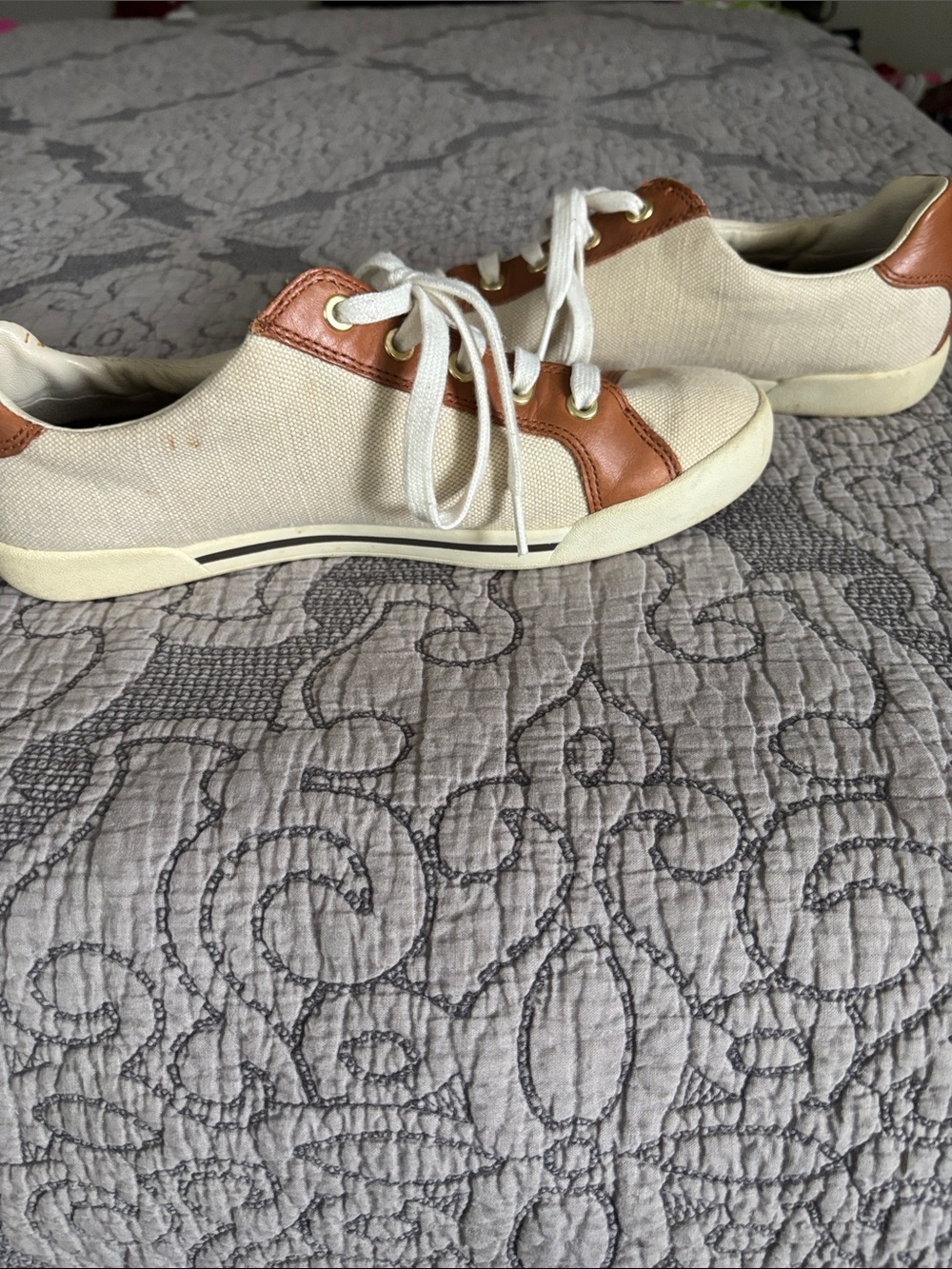 Coach Cream Canvas Sneakers with Tan Leather Trim - Picture 4 of 6